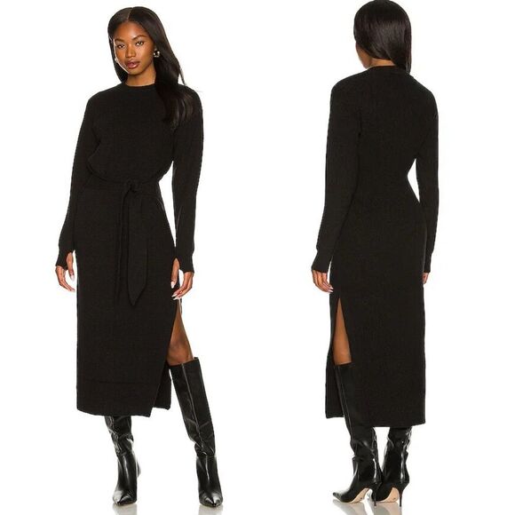 LPA Revolve Long Sleeve Ribbed Black Midi Sweater Dress Waist Tie - Picture 1 of 6
